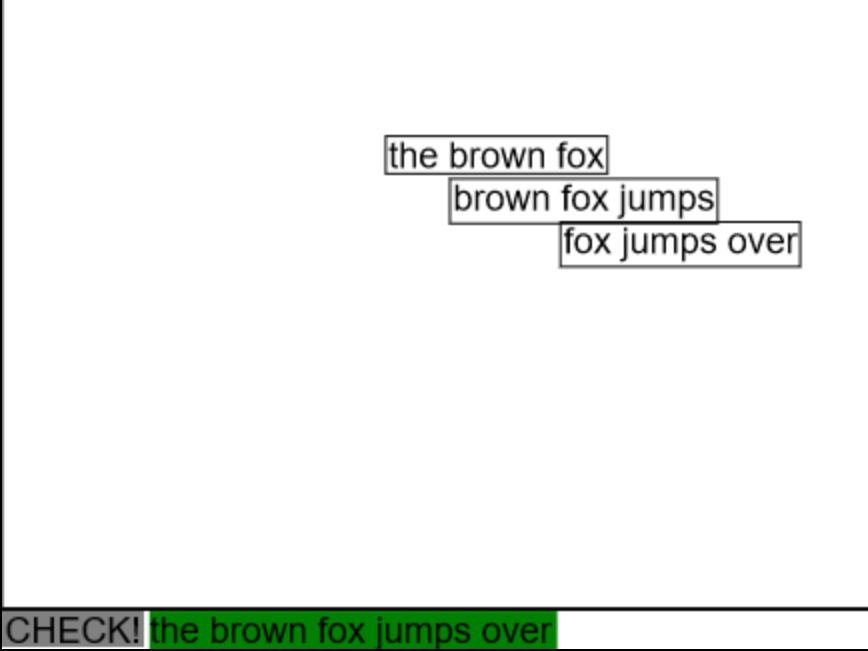 Screenshot of assembly puzzle after the CHECK! button was pressed, revealing the correct sentence in green